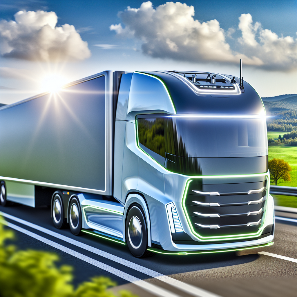 Illustration of an electric truck on a highway representing technological innovation in trucking.