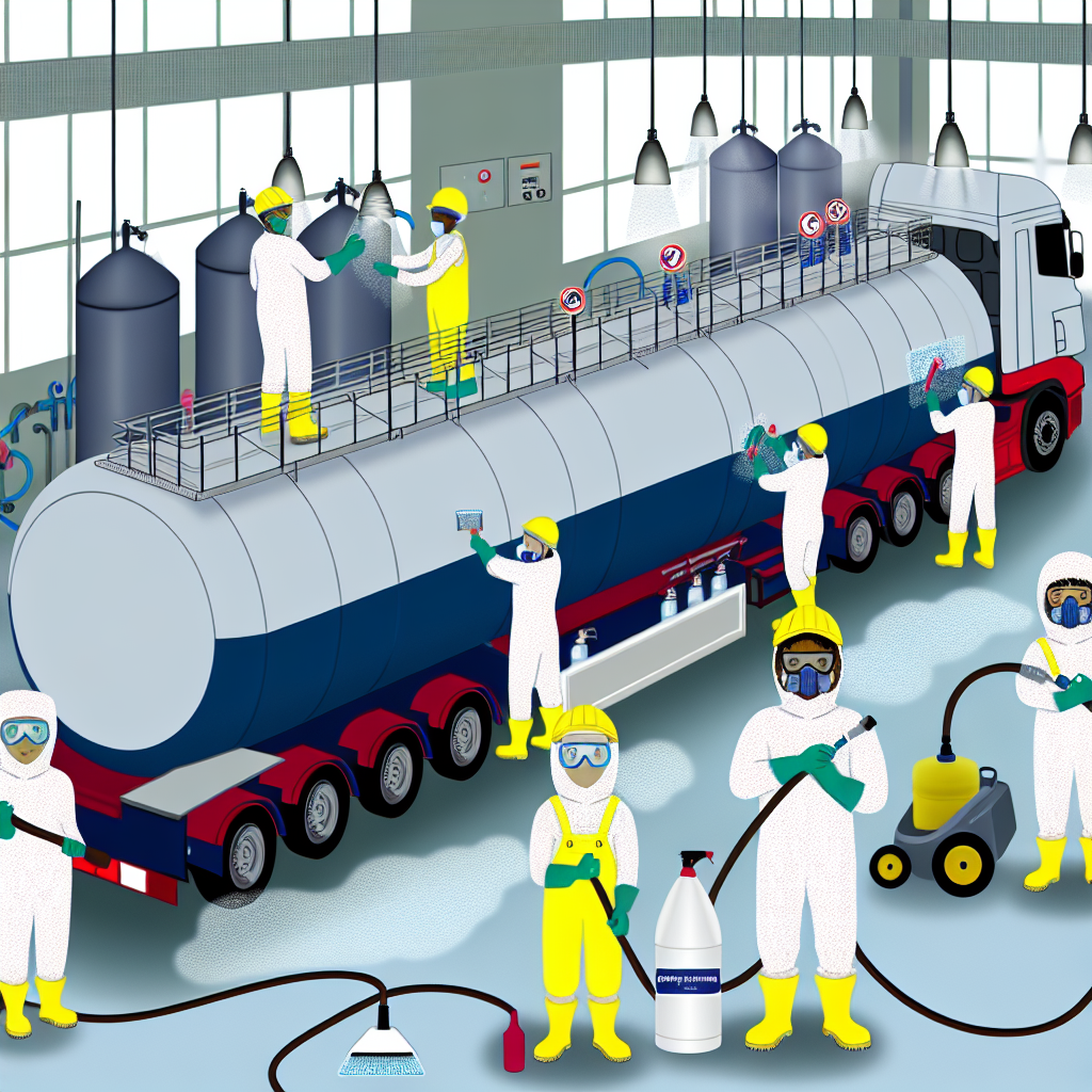 Illustration of the cleaning process for food-grade tankers, showcasing workers in protective gear diligently engaged in the task.
