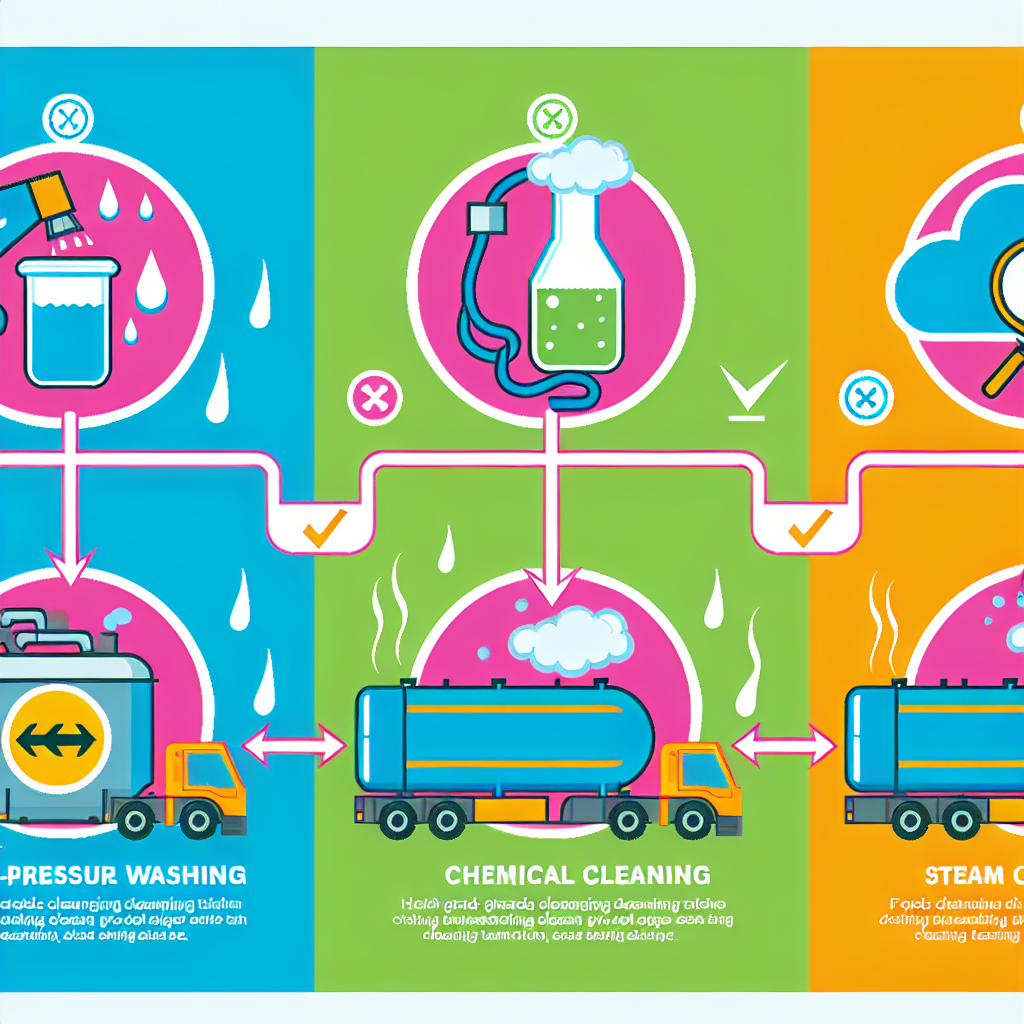 Infographic illustrating the steps of the cleaning process for food-grade tankers, showcasing key stages like high-pressure washing, chemical cleaning, steam cleaning, and inspections.