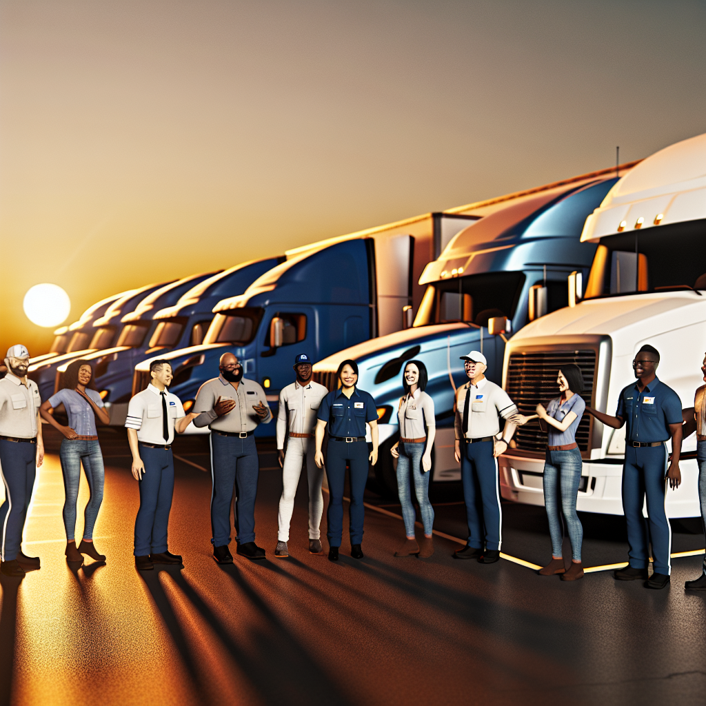 A visual representation of teamwork in trucking, showing trucks parked together with drivers interacting.
