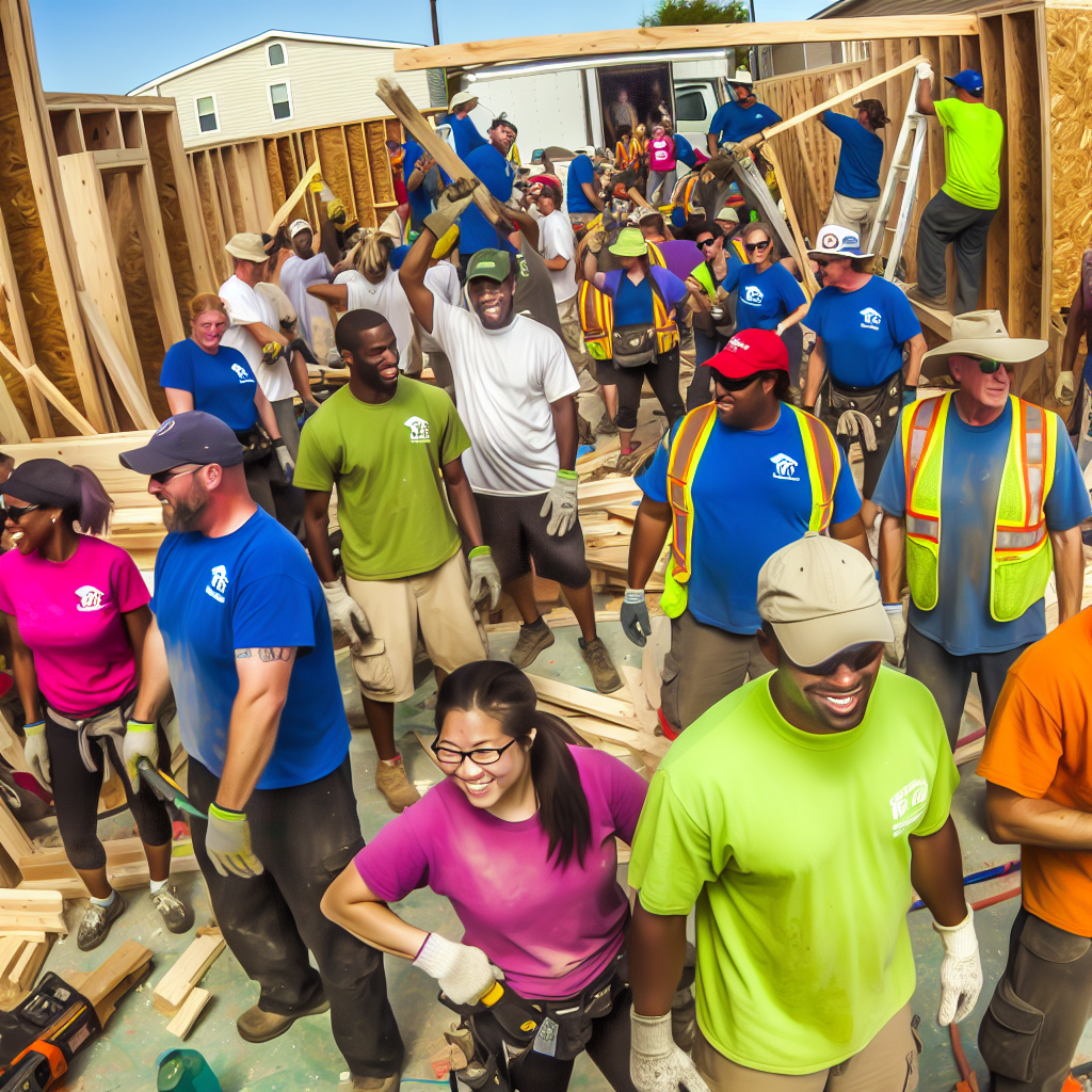 Trucks for Change volunteers working on a Habitat for Humanity project, showcasing community service and teamwork.