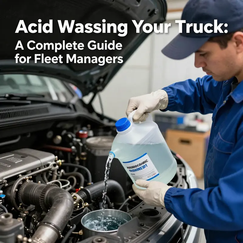 Technician preparing the acid solution for washing the truck’s cooling system.