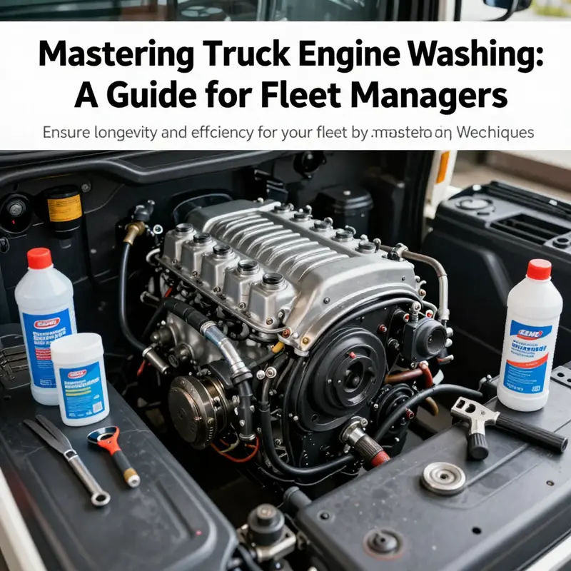 Well-maintained truck engine with cleaning tools and products.