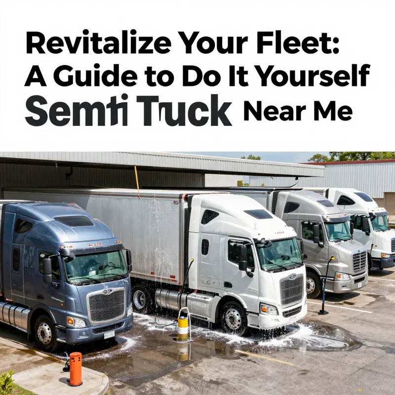 Several semi trucks being cleaned in a self-service truck wash environment.