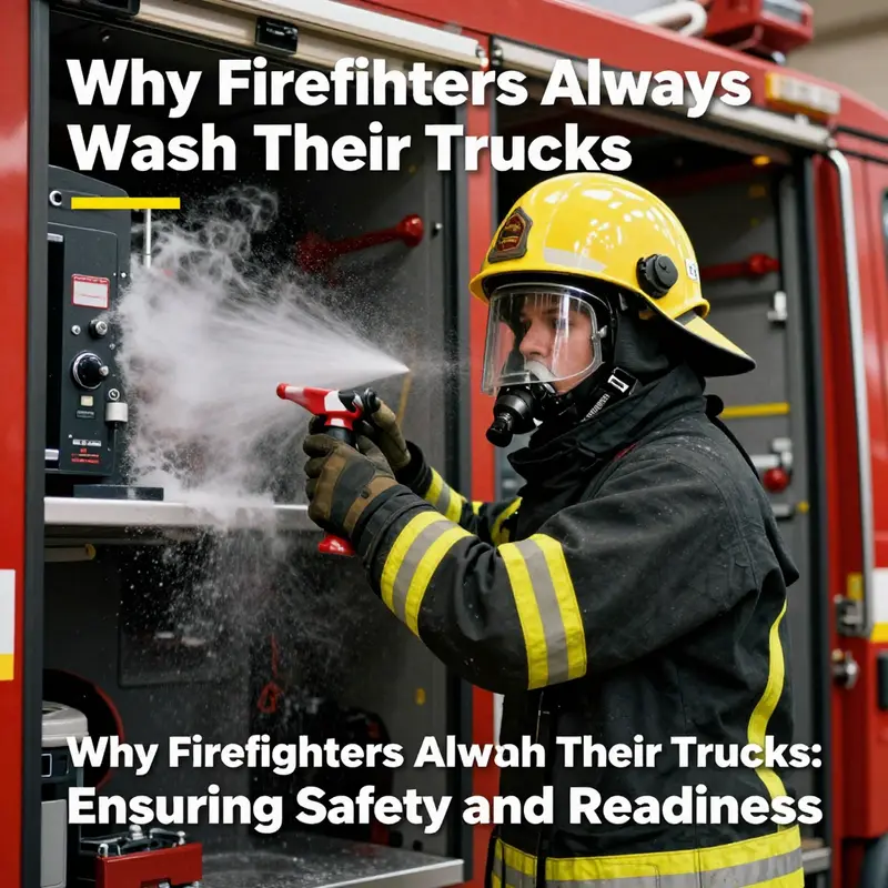 Firefighters washing a truck to maintain its integrity and prevent corrosion.