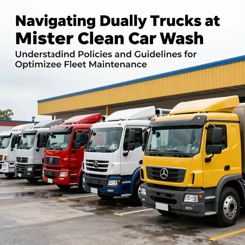 A fleet of dually trucks undergoing washing at a Mister Clean Car Wash, illustrating the high-quality service offered.