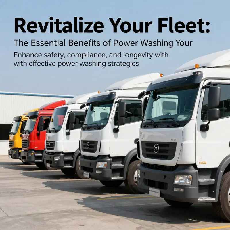 A professional fleet of clean trucks parked in an industrial area, highlighting maintenance and environmental care.