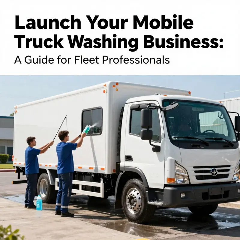 Crew cleaning trucks using eco-friendly products in a mobile truck washing business.
