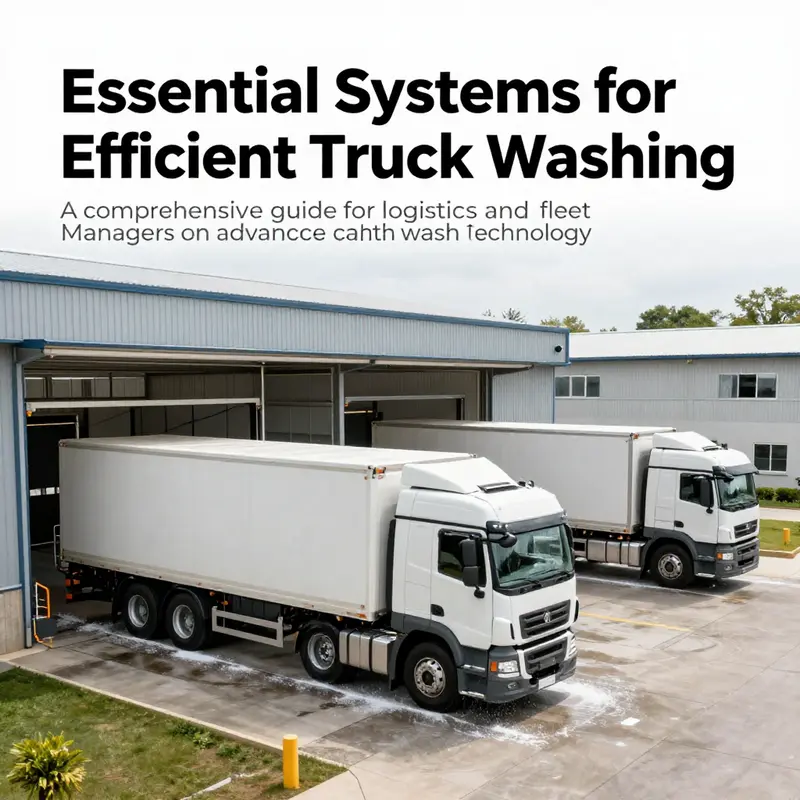 A panoramic view of a truck wash facility with trucks being cleaned using innovative washing technologies.