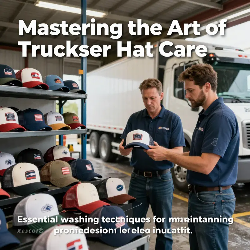 Fleet managers inspecting a display of clean trucker hats at a work site.