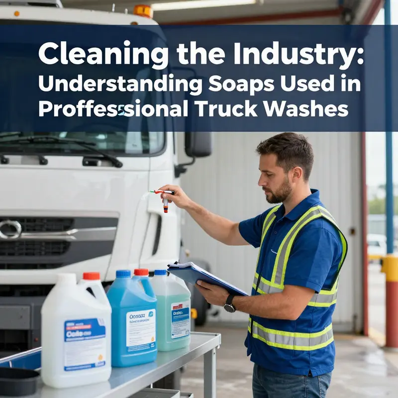 Foaming action of professional truck wash soap tackling road grime.