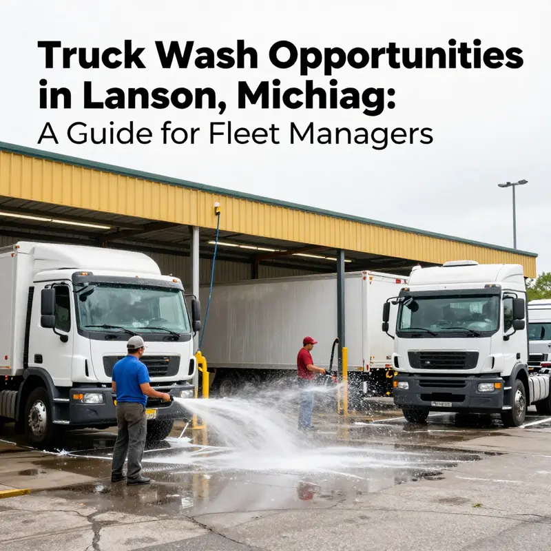 A busy truck wash in Lansing, Michigan, catering to fleet managers and trucking companies.