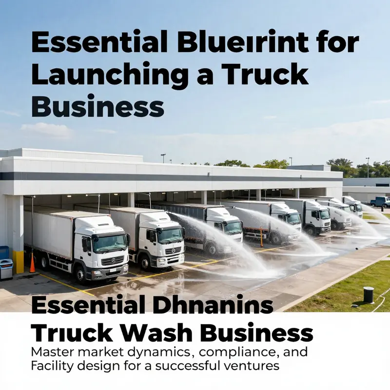 A wide-angle view of a bustling truck wash facility with trucks being cleaned and an inviting atmosphere.
