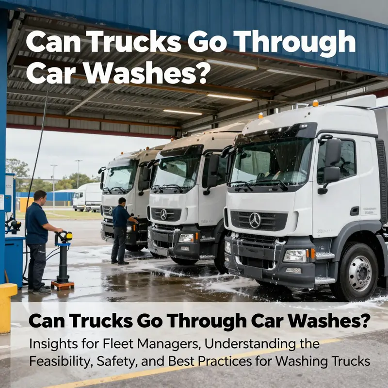 Image of a truck wash facility with trucks being cleaned and washing equipment in operation.