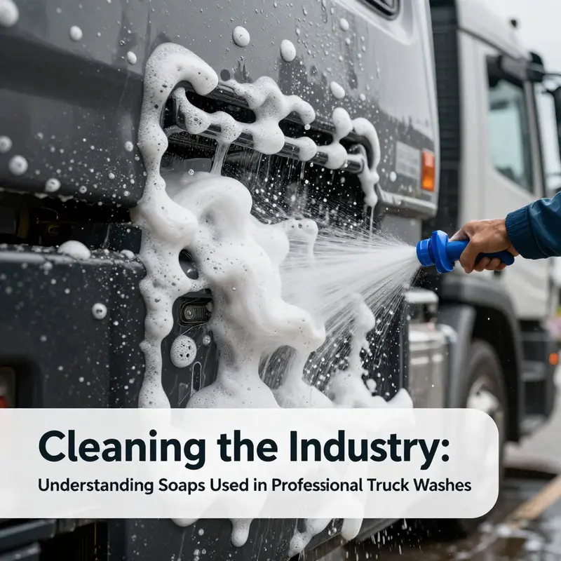 Foaming action of professional truck wash soap tackling road grime.