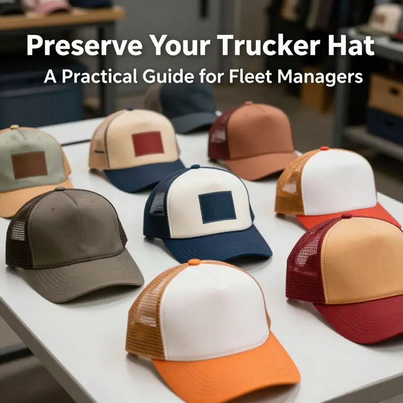 Neatly arranged trucker hats on a table, showcasing their variety and the need for proper cleaning.