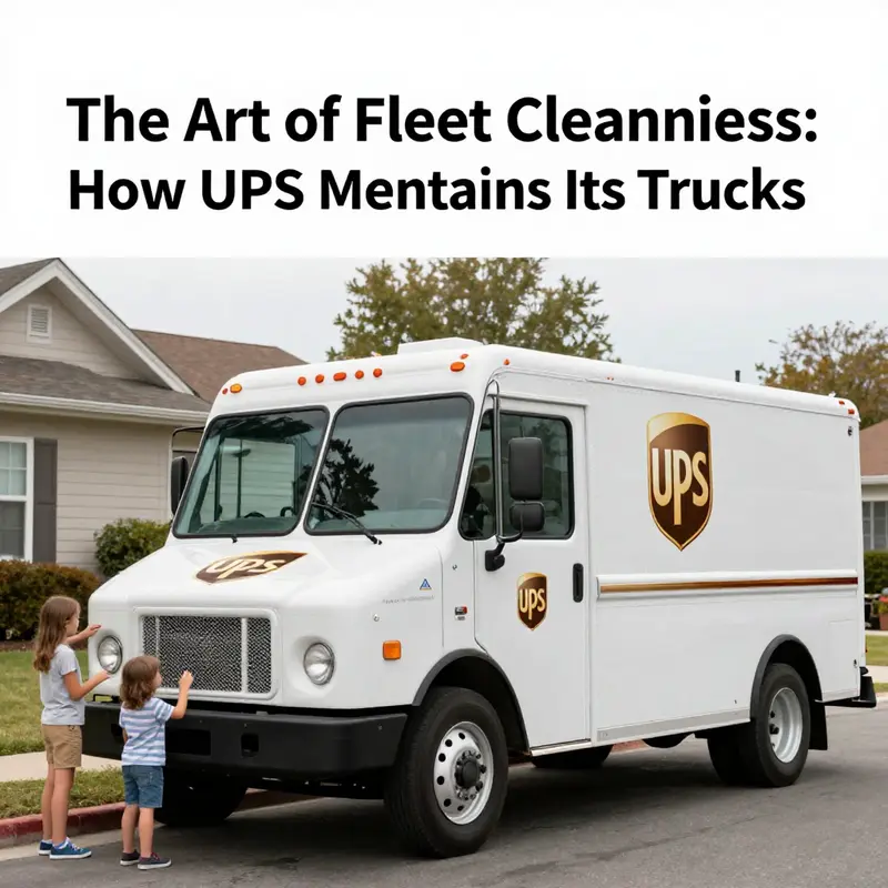 A UPS driver performs daily maintenance on the delivery truck, ensuring its cleanliness in preparation for the day’s deliveries.