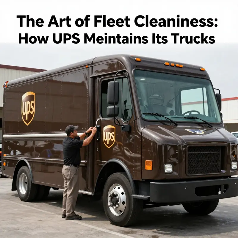 A UPS driver performs daily maintenance on the delivery truck, ensuring its cleanliness in preparation for the day’s deliveries.