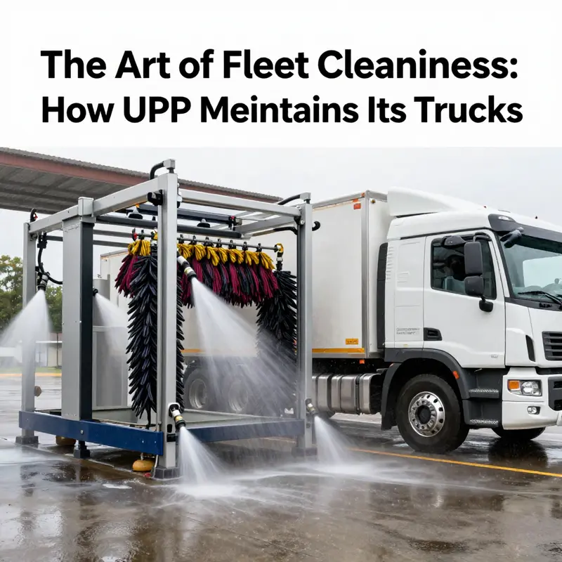A UPS driver performs daily maintenance on the delivery truck, ensuring its cleanliness in preparation for the day’s deliveries.