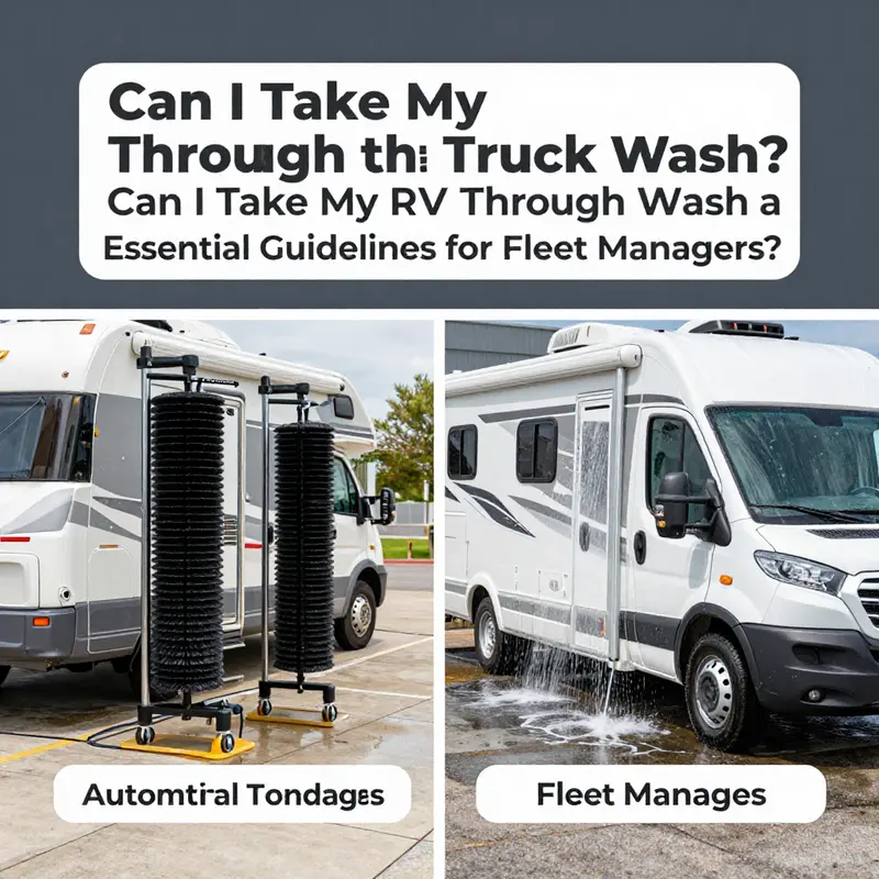 The RV navigates tight turns and clearance limits at a truck wash facility.