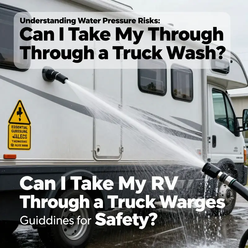 The RV navigates tight turns and clearance limits at a truck wash facility.