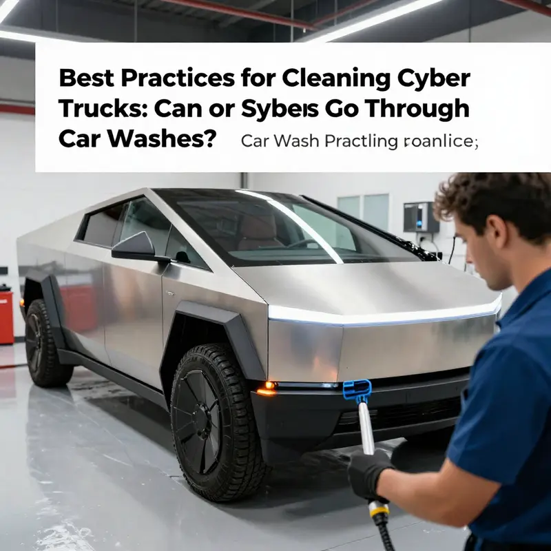 Cyber Trucks parked near a car wash, showing clear signage warning against automatic washing.