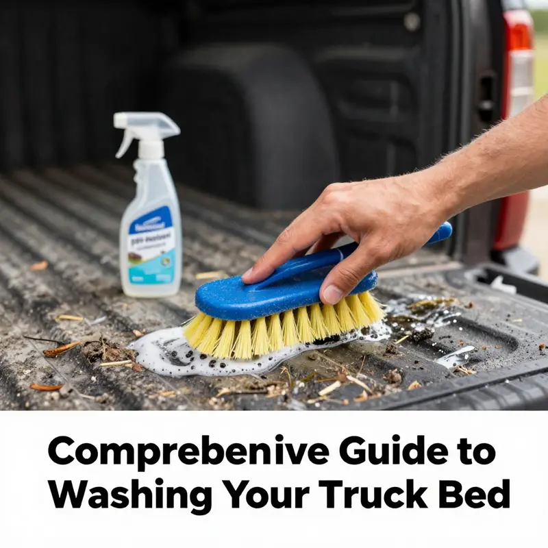 Preparation steps for washing a truck bed including organized tools and protective coverings.