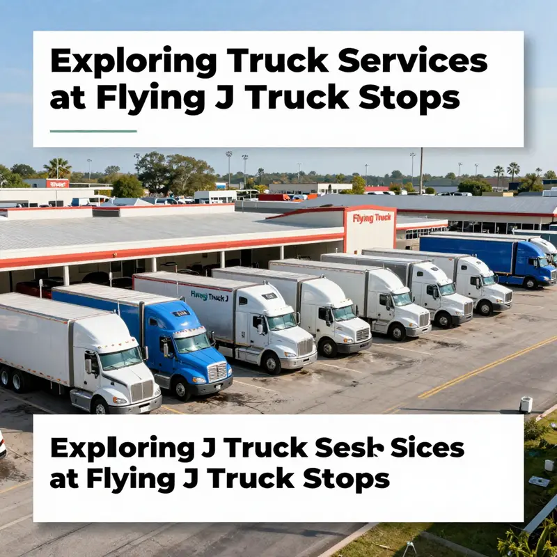 An aerial view of a bustling Flying J Truck Stop featuring numerous trucks undergoing the washing process, emphasizing the facility's service capacity.
