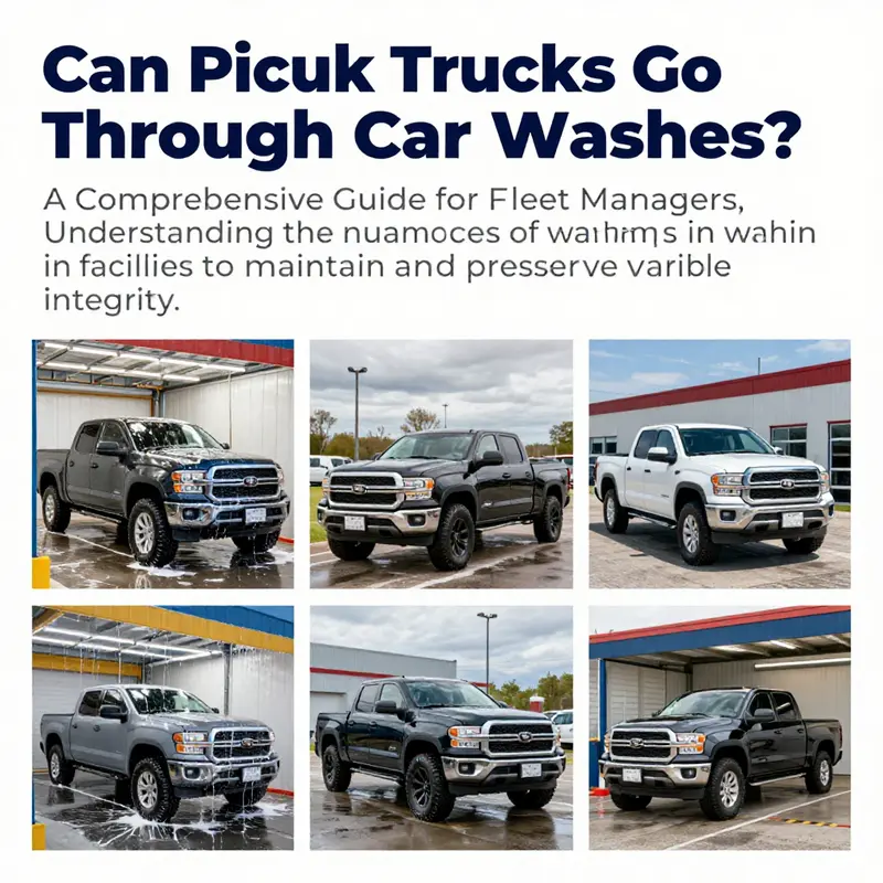 A visual collage showcasing pickup trucks being washed in automatic and self-service car wash environments.
