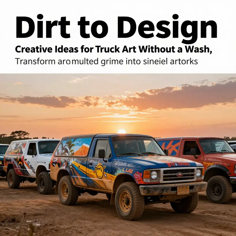A fleet of trucks creatively adorned with artistic designs made from dirt against a beautiful sunset.