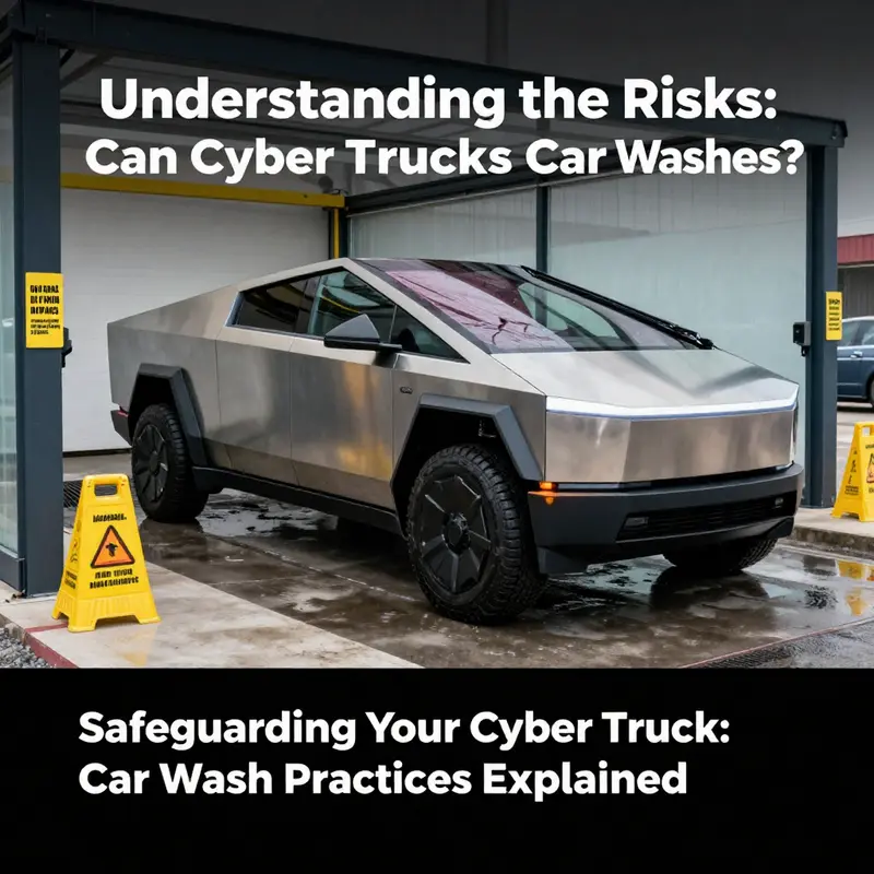 Cyber Trucks parked near a car wash, showing clear signage warning against automatic washing.