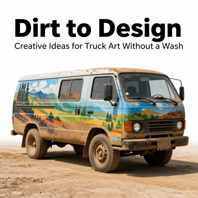 A truck transformed into a work of art using the accumulated dirt as a medium.