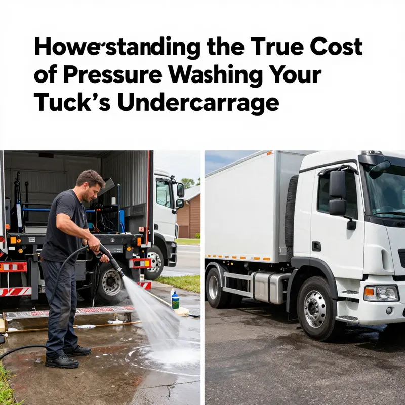 Illustration of a truck undercarriage undergoing high-pressure cleaning, highlighting cost factors involved.