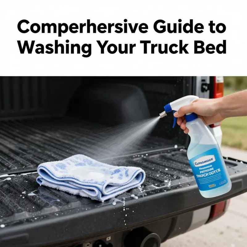 Preparation steps for washing a truck bed including organized tools and protective coverings.