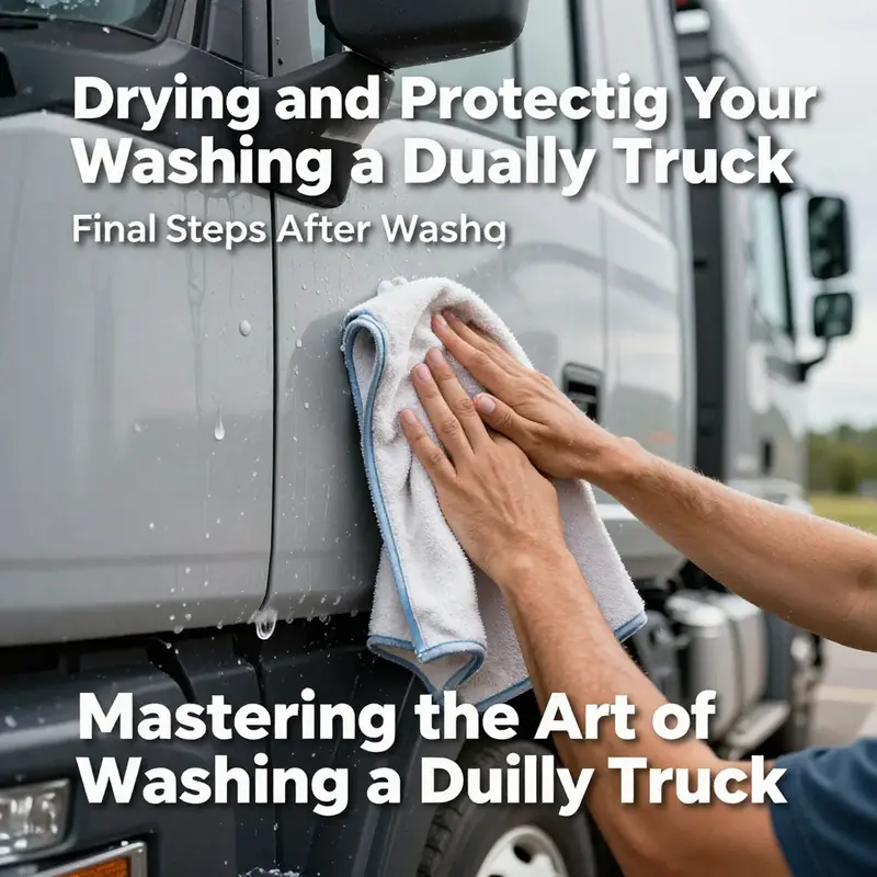 Essential tools for washing a dually truck in a designated location.