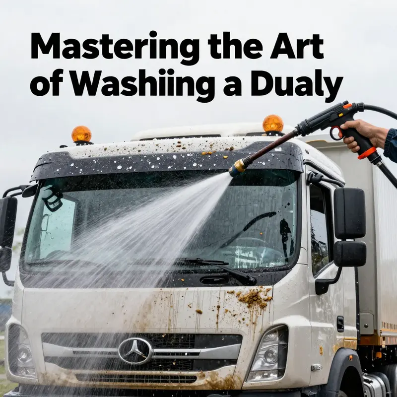 Essential tools for washing a dually truck in a designated location.