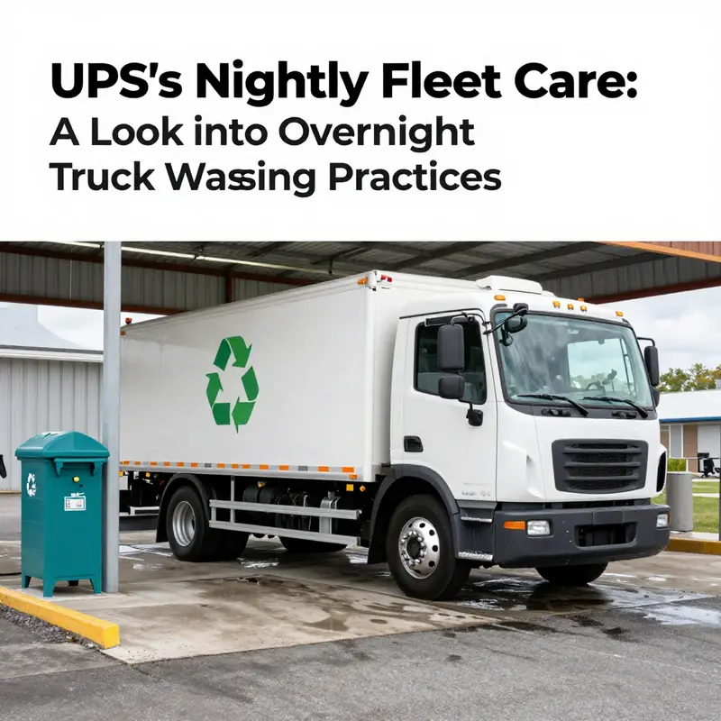 A UPS truck undergoes washing at night, highlighting the automated system in action for routine maintenance.