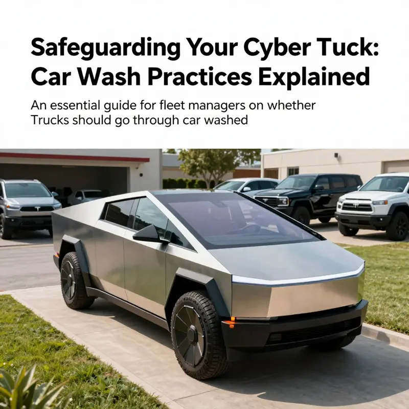 Tesla Cyber Truck among a group of heavy-duty vehicles, highlighting its innovative design in commercial settings.