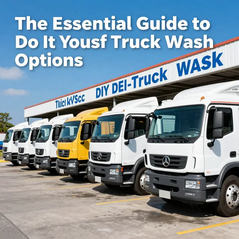 A collection of trucks at a do-it-yourself truck wash station, emphasizing cleanliness and fleet maintenance.