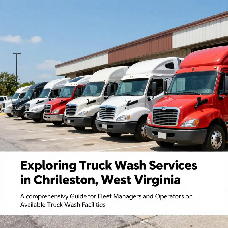 Multiple trucks lined up outside a truck wash facility under a clear blue sky.