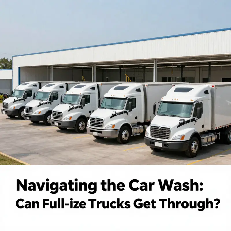 A group of full-size trucks parked in front of a car wash, ready for cleaning.