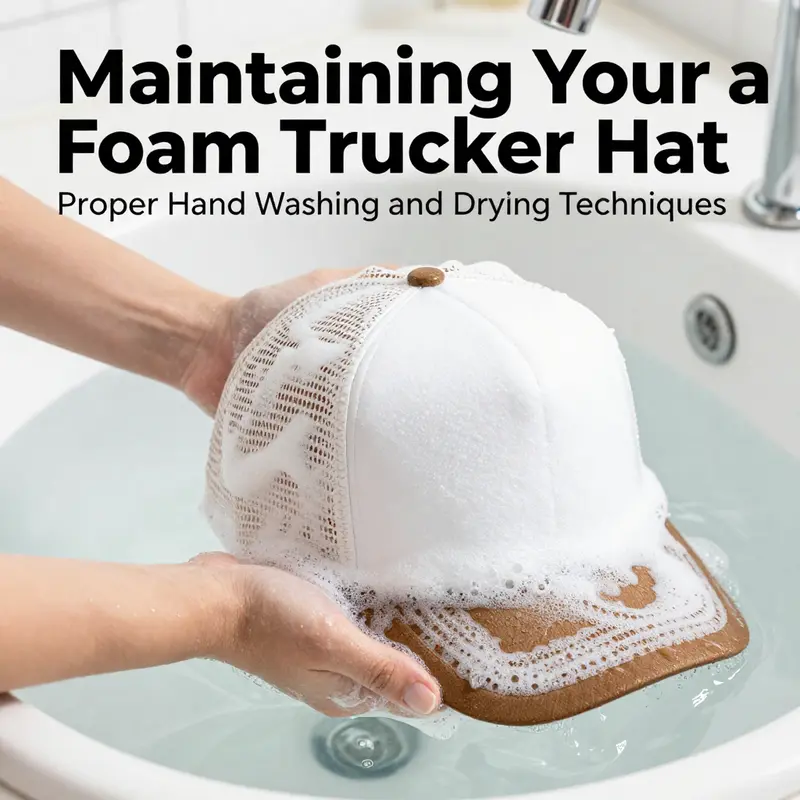 Checking the care label on a foam trucker hat ensures proper washing techniques.