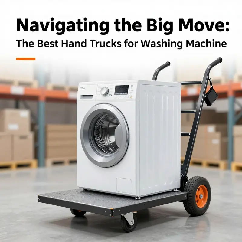 Illustration of a heavy-duty hand truck featuring locking wheels and a reinforced platform for transporting a washing machine safely.