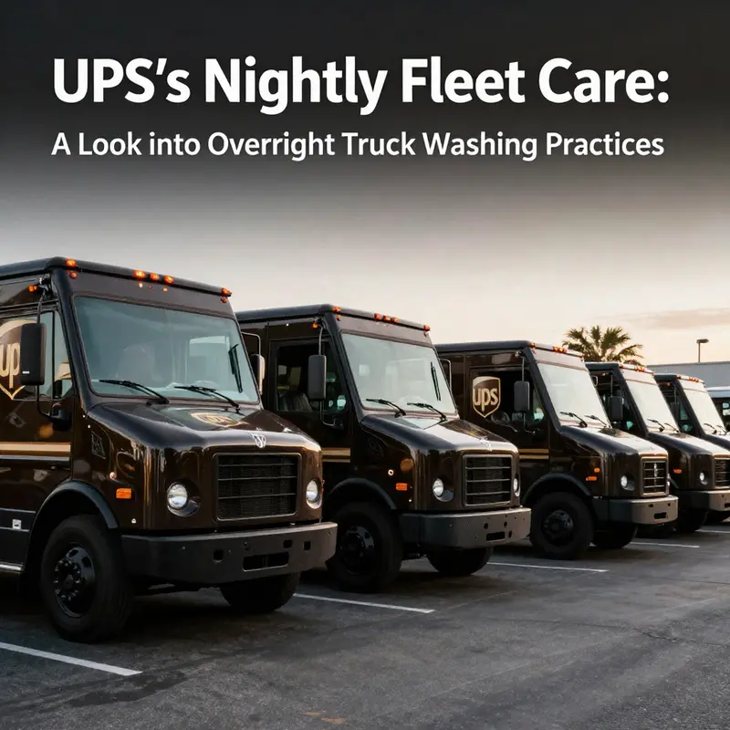 A UPS truck undergoes washing at night, highlighting the automated system in action for routine maintenance.