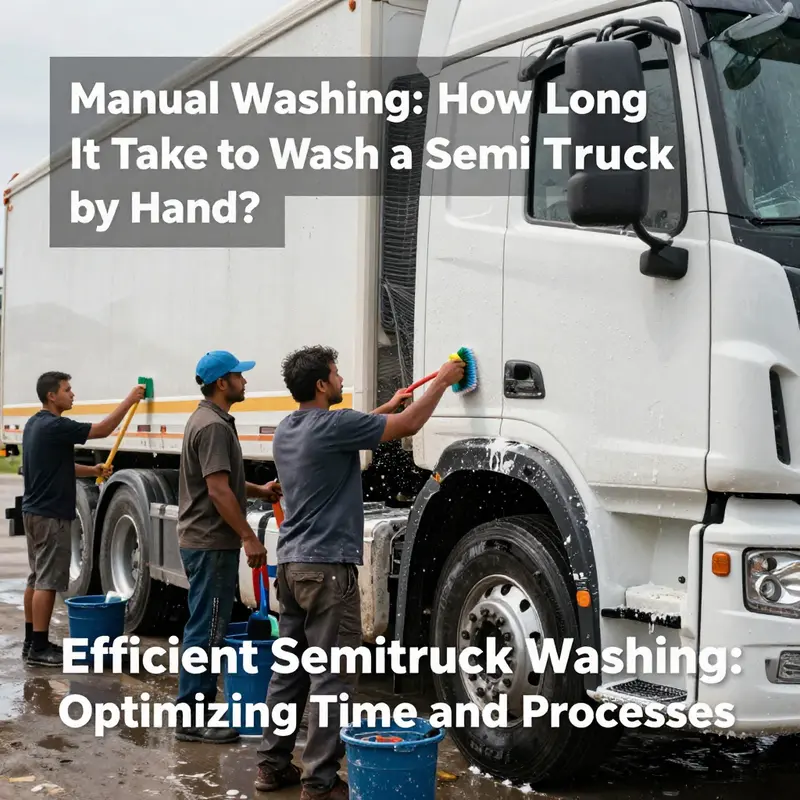An automated truck wash system efficiently cleaning a semi truck.