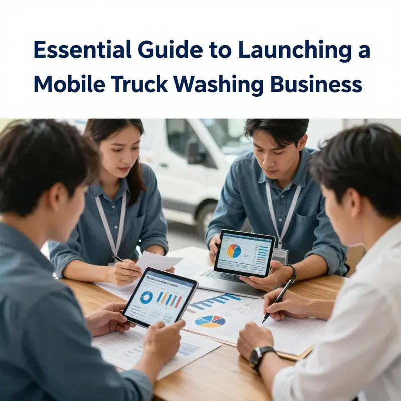 Professionals conducting market research to analyze demands in mobile truck washing.