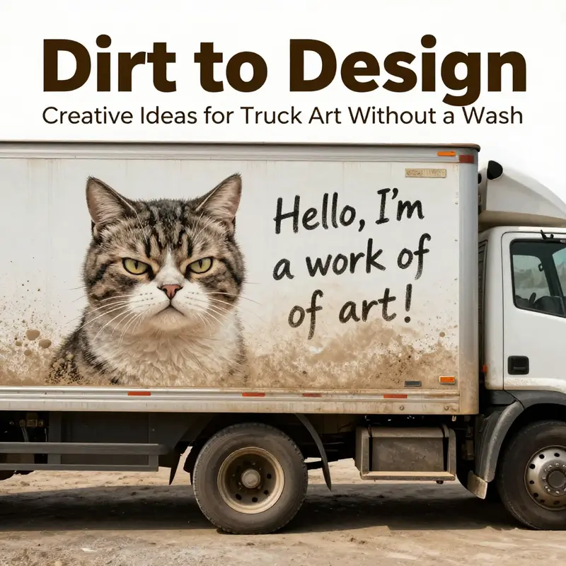 A truck transformed into a work of art using the accumulated dirt as a medium.