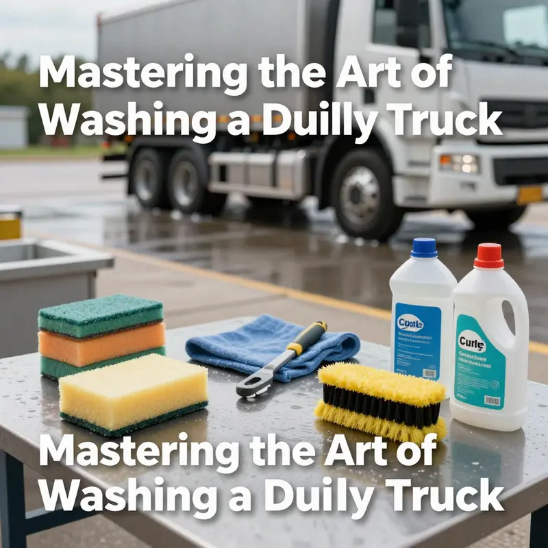 Essential tools for washing a dually truck in a designated location.