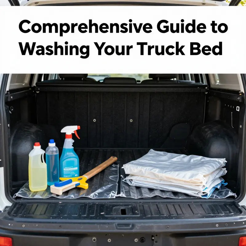 Preparation steps for washing a truck bed including organized tools and protective coverings.
