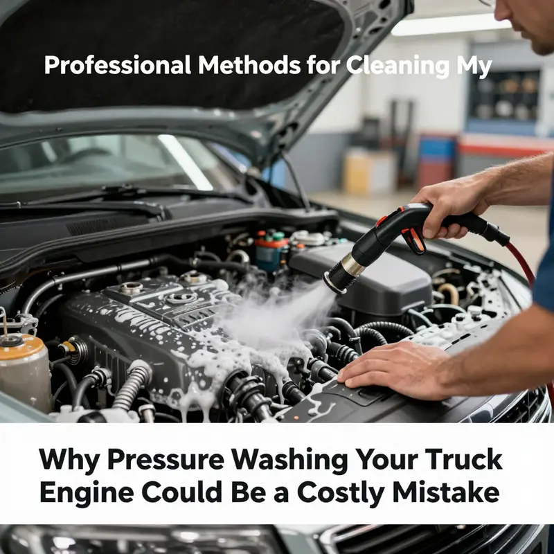 High-pressure water being used on a truck engine, highlighting potential damage to sensitive components.
